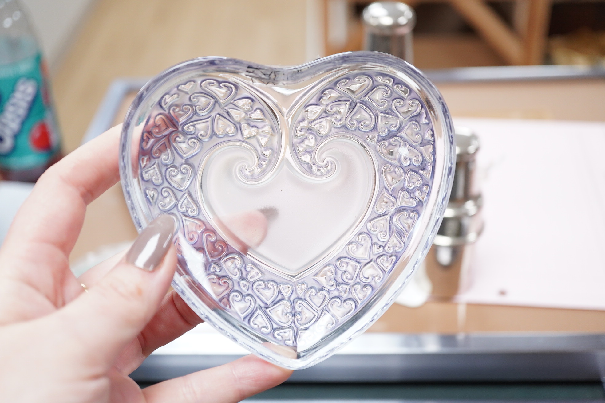 Two modern Lalique glass pin dishes in the form of hearts, largest 11cm wide. Condition - good